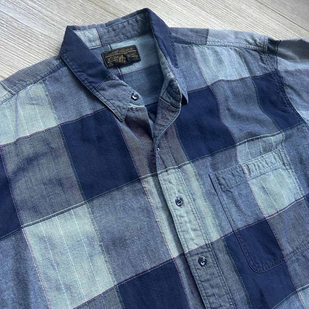 Vintage Eddie Bauer Large Blue Plaid Patchwork‎ Flannel Button-Down Casual Shirt